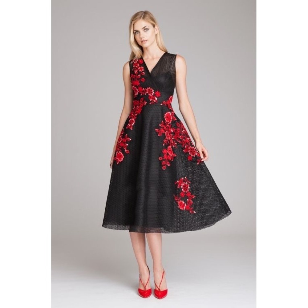 Rickie Freeman Teri Jon Black Mesh Floral Embroidered Midi Dress 8